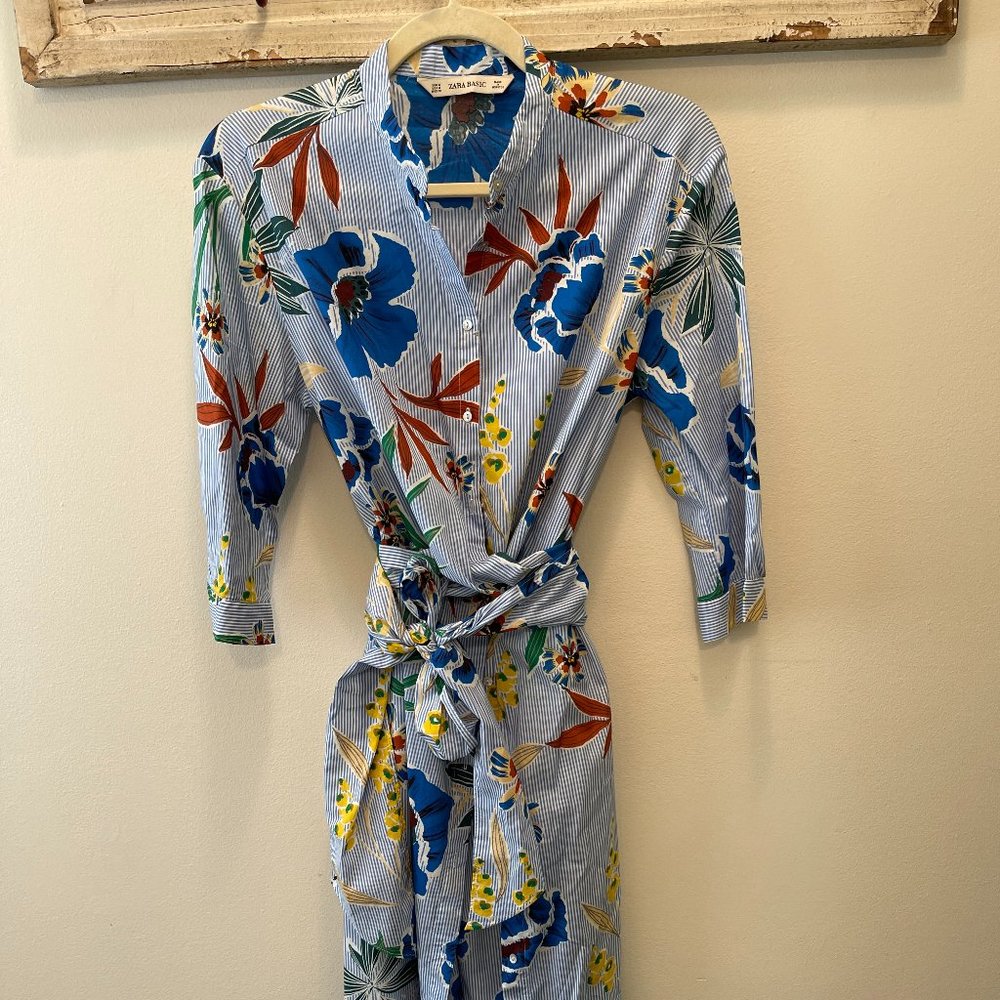 Zara Knotted Floral Striped Shirt Dress